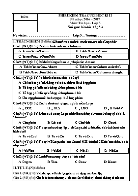 Đề kiểm tra cuối học kỳ II môn Tin học Lớp 5 - Năm học 2014-2015 - Trường TH Minh Tân (Có đáp án)